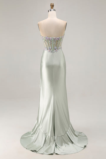 Strapless Appliqued Corset Ruffled Dusty Sage Prom Dress